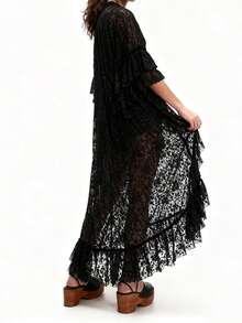 Women Lace Flowy Boho Top Sheer Poncho Blouse Bell Long Sleeve Ruffle Cover Up See Through Going Out Shawl Shirt - 黑色 - 查看 2
