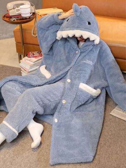 Bata de coral suave con tema de tiburón para mujer - Adorable (Bata + Pantalones), Bata de mujer, Bata talla grande, Ropa de estar por casa gruesa y cálida de invierno, Con bolsillos, Franela suave, Esencial para Navidad, Cálida y acogedora, El mejor regalo para chicas, mujeres, familia, amigos y novias, Regalo de Navidad, Regalo de Año Nuevo