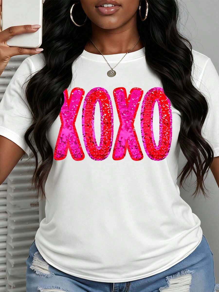 Women Xoxo Sequin Print T Shirt Valentine Gift Round Neck Pullover Top For Casual Wear Party And Romantic Occasions - 白色 - 查看 1