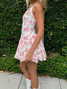 Onicee Women's Fashionable Sexy Deep V Neck Floral Print Camisole Dress, Summer - Pink - View 6