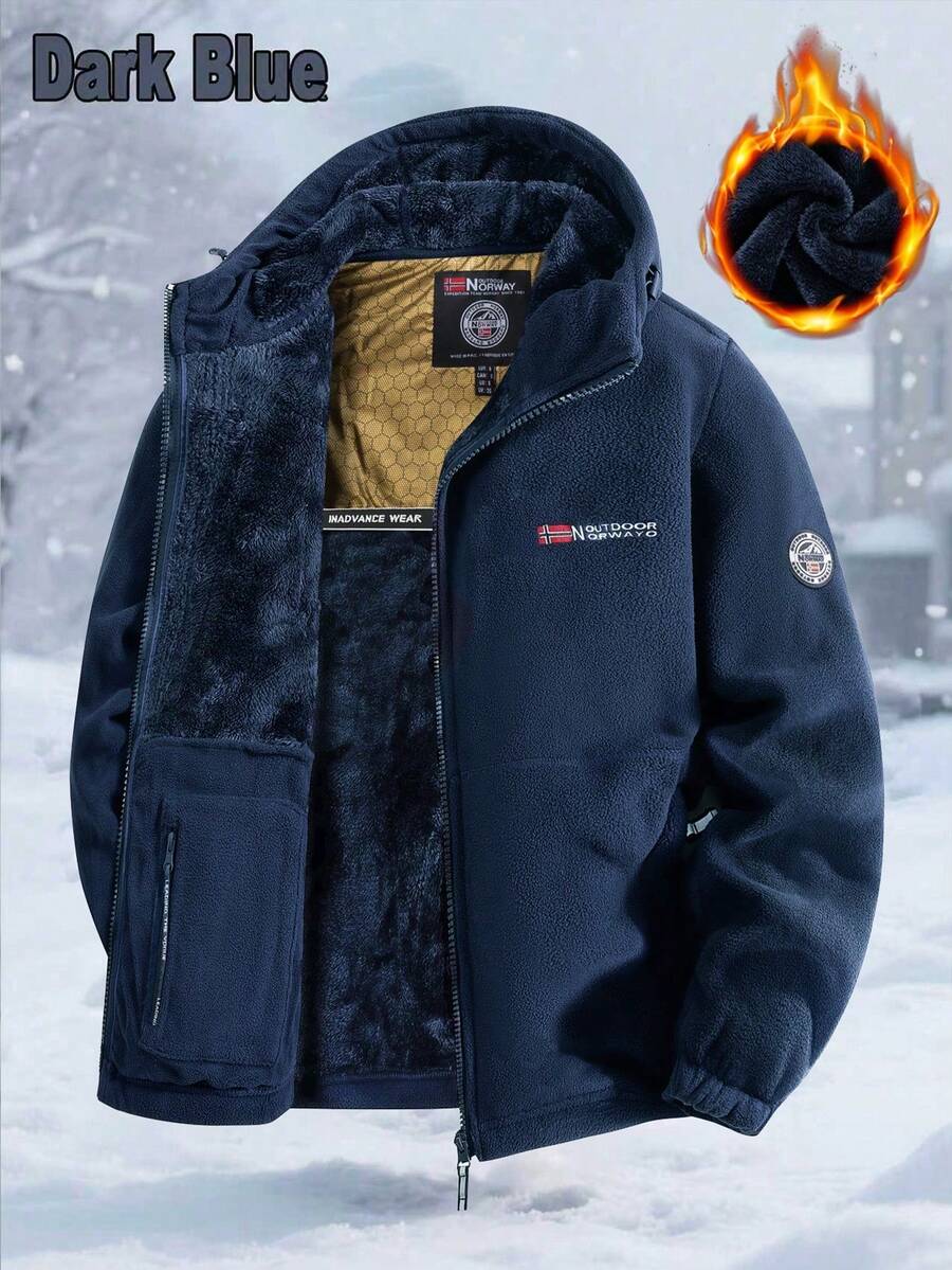 冬季新款户外运动棉质夹克，男士休闲连帽卫衣，加厚外套 - 藍色 - 查看 1