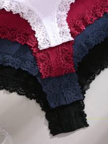 4 件装女士蕾丝边舒适罗纹三角裤，纯色，低腰
