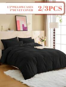 2/3件套纯色被套套装，床上用品，超柔软抗起球，亲肤透气，四季皆宜，可机洗，时尚卧室/婚礼装饰，多种尺寸可选，不含被芯和枕芯，家居必备，带拉链，卧室装饰，送父母/朋友的礼物，黑色 - 黑色 - 查看 3