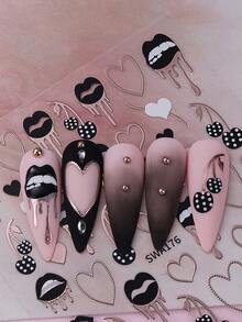 2 miếng dán móng tay hình trái tim, môi và quả anh đào độc đáo, họa tiết trái tim viền đồng kim loại, thích hợp cho móng acrylic, phụ kiện trang trí móng 3D tự dính. - Nhiều màu - Xem 6