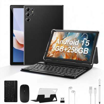 W&O 2025 New 10.1-Inch Tablet PC, Android 15 Operating System, 2-In-1 Tablet With Keyboard, Mouse, Protective Case, Stylus, 256GB ROM + 8GB RAM, Supports 1TB Memory Card Expansion, 5+16MP Camera, Octa-Core Processor, 8000Mah Battery, 1280*800 IPS HD Display, Tab, Tablet, Tablet, Pad