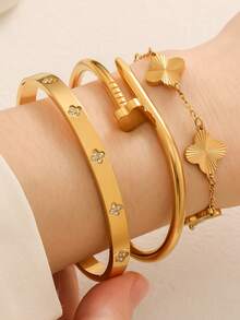 Set elegante di braccialetti da donna in acciaio inossidabile con quadrifoglio e zirconi, adatto per uso quotidiano, appuntamenti di coppia, abbinamento per varie occasioni e come regalo - Oro giallo - Visualizzare 2