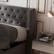 Pillow-Shaped Padded Bed, Double Flannel Rivets, Sewn Eyelet, 140*190 Double Bed With Hydraulic Function, Waterproof Non-Woven Fabric Bed Base In Black And Gray