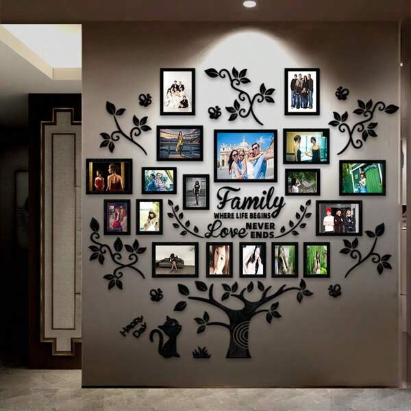 18pcs/Set DIY Photo Frame - Life Tree With Cats & Skulls, Colors: Black, Gold, Silver, Letters, Big Tree, Leaves Wall Sticker Set - Size: 65.35*66.93in, Acrylic "Life Tree" Puzzle Pieces, Acrylic Mirror Layer With Protective Film