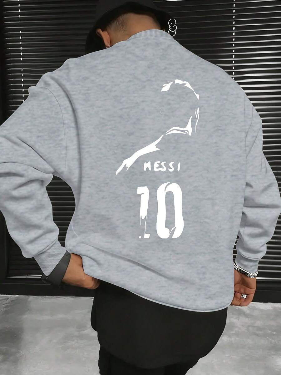 Printed Men's Crew Neck Sweatshirt With Running Silhouette MESSI Pattern Element, Hot Selling  Fun Pattern, Casual Crew Neck Polyester Fiber Men's Fashion Sweatshirt, Men's Clothing, Travel Date Vacation Holiday Gift - Xám - Xem 1