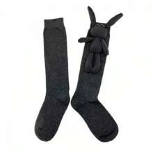 Calcetines grises hasta la rodilla para mujer, adorables calcetines largos y altos con diseño de conejo de peluche en 3D. - Gris - Ver 6