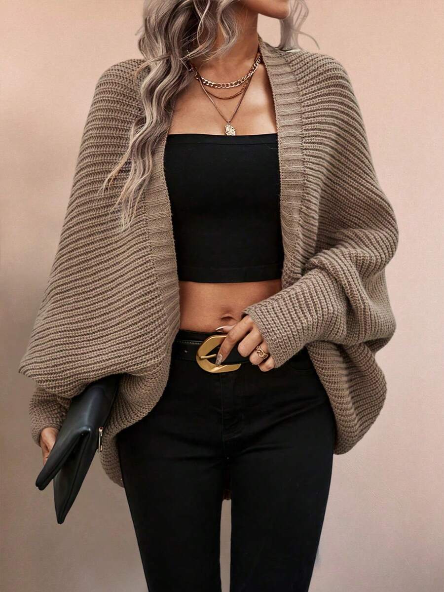 Winter Fashion Casual Elegant Crochet Solid Color Daily Holiday Batsleeve Women's Cardigan Sweater - Khaki - View 1