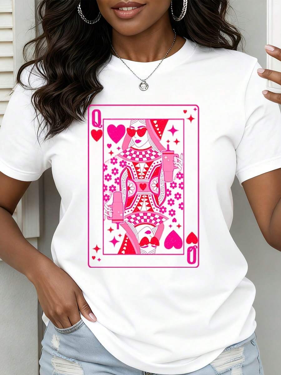 Queen Of Hearts Playing Card Design Women's Casual T-Shirt Fashion Statement Top Pink And White Graphic Tee Shirt - 白色 - 查看 1