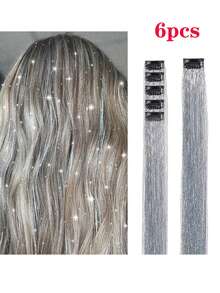 6pcs Colorful Glitter Hair Extensions, 24 Inch Shiny Hair Strands, Suitable For Women, Vibrant Hair Tinsel, Perfect Christmas Gift, Fits All Ages, Holiday Hair Accessories, Lively Hair Decor, Heat Resistant Hair Accessories, Women's Hair Accessories, Hair Strands, Girls/Women Hair Extensions, Braiding - Multicolor - View 8