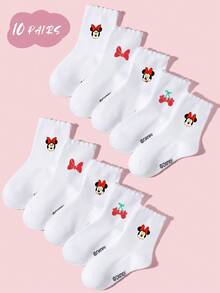 Disney 1/5/10双装儿童/女童春夏蕾丝边短袜/踝袜，可爱红色蝴蝶结米奇图案装饰，时尚个性，柔软透气吸湿防臭白色运动袜/中筒袜，休闲百搭，适合旅行、亲子活动、校园穿着、日常搭配。 - 白色 - 查看 14
