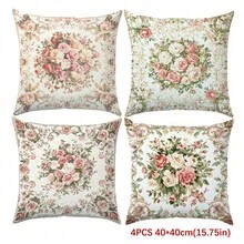4件套复古粉白玫瑰花卉抱枕套，单面印花桃绒面料，尺寸45*45/40*40/50*50厘米，适用于现代简约沙发客厅装饰，亦可作为礼物或派对装饰。 - 彩色 - 查看 13