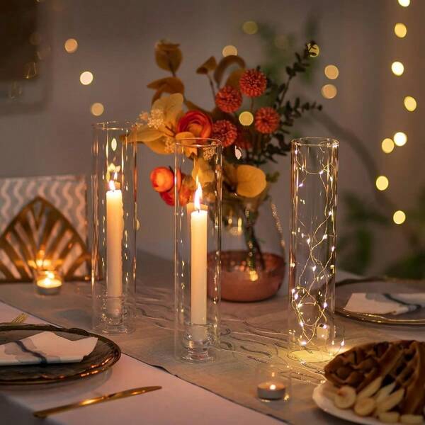 2pcs Hurricane Shaped Candle Holders, Open Glass Cylinder Candle Holders, Transparent Glass, Suitable For Home Kitchen Decor, Dining Table Decor