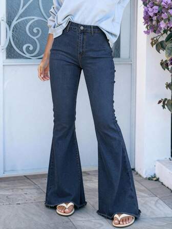 (Baumwollmischung) Damen Vintage Knie zerrissene Stretch Schlaghose