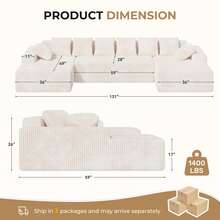Nalupatio 131'' Large Sectional Couches With Chaise Lounge, U-Shaped No Assembly Required Deep Seat Modular Cloud Sofa For Living Room 1PCS - Màu be - Xem 3