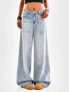 Teen Girls Loose Fit Light Blue Wide Leg Jeans, Retro Baggy Style