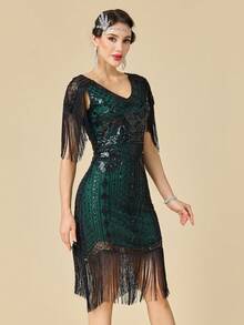 1920年代《了不起的盖茨比》风格女式连衣裙，复古长流苏连衣裙，咆哮的二十年代亮片串珠连衣裙 - 綠色 - 查看 3