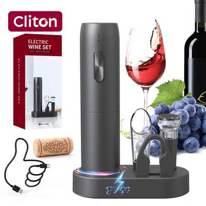 CLITON Electric Wine Opener With Storage Base,Cordless Electric Wine Bottle Opener With Pourer, Foil Cutter, 1 Vacuum Preservation Stoppers, Easy Storage,Electric Wine Opener Set With Storage Base, Reusable Automatic Wine Bottle Opener With Led Light, Portable Corkscrew With Pour & Preserver Vacuum Stopper, Foil Cutter, Black
