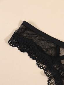 Pantie sexy con encaje en contraste y espalda recortada, color negro - Negro - Ver 5