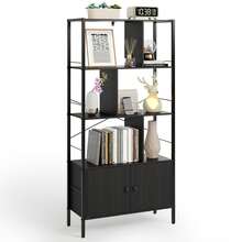 Freistehendes, doppel-türiges, sechsstöckiges, leiterförmiges Bücherregal mit Metallregalen, geeignet für Wohnzimmer, Arbeitszimmer, Büros und industrielle Designumgebungen