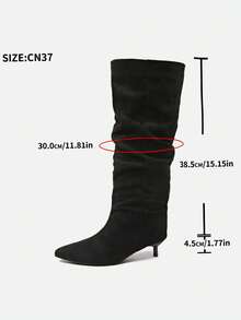Fall/Winter 2025 New Arrival Kitten Heel Pleated Thigh High Boots, Pointed Toe Over The Knee Tall Boots, Retro Oversized Shaft Riding Boots - Black - View 8