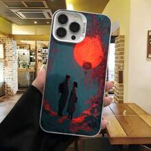 Cubierta de telefono para iPhone con diseño de pareja bajo luna roja color azul oscuro y rojo estampado artístico para uso diario en cafeterias y salas de estar - Blanco - Ver 7
