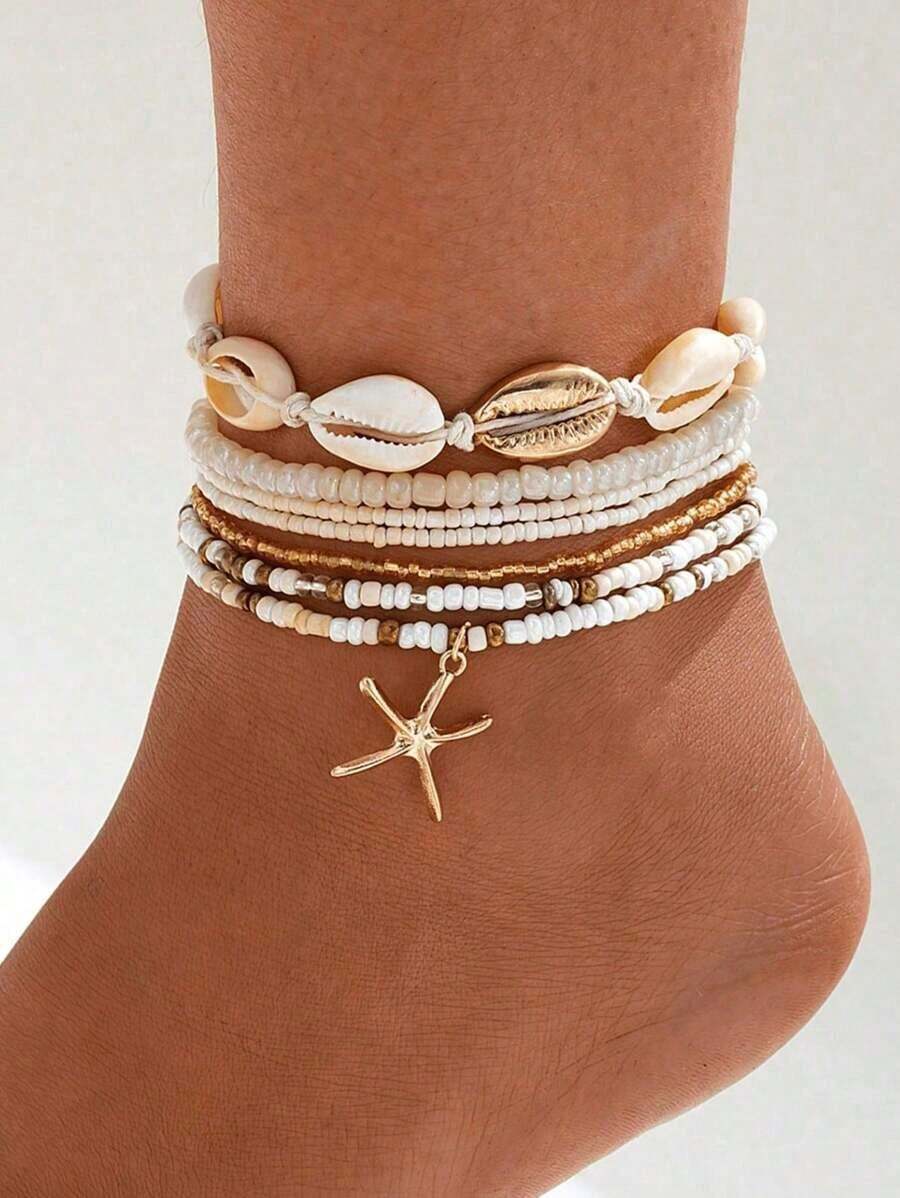 7pcs Bohemian Seed Bead Ankle Bracelet Set, Starfish Beach Jewelry Women Girls, Summer Vacation Party Wear, Boho Chic Anklet Accessories - 7件橫條紋 - 查看 1