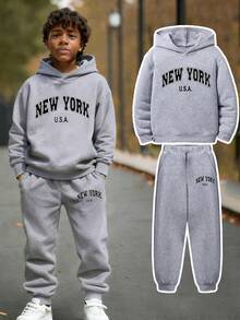 Tween Boy Cartoon Print Warm Hoodie And Sweatpants Set - Grey - View 3
