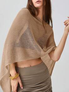 Women's Y2k Sheer Poncho Top, Lightweight Cover-Ups Crochet Shrug Bolero Mesh Knit,See-Through Off Shoulder Solid Irregular Knitted Loose Pullover,Batwing Sleeve Sweater Cover Up Beachwear,Boho Aesthetic Beach Going Out Streetwear,Spring To Summer Outfits,Rave Outfit,Concert Outfit,Summer Vacation Outfits - 淺棕色 - 查看 3