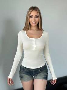 Womens Tops Fall Long Sleeve Square Neck Solid Color Casual Ribbed Slim Fit Upper Button Shirts - White - View 2