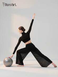 DonsGirl 女式高领短款上衣和超柔软弹力网眼阔腿裤套装 - 百搭黑色套装，适合空中瑜伽、现代/古典芭蕾舞表演服装 - 黑色 - 查看 9