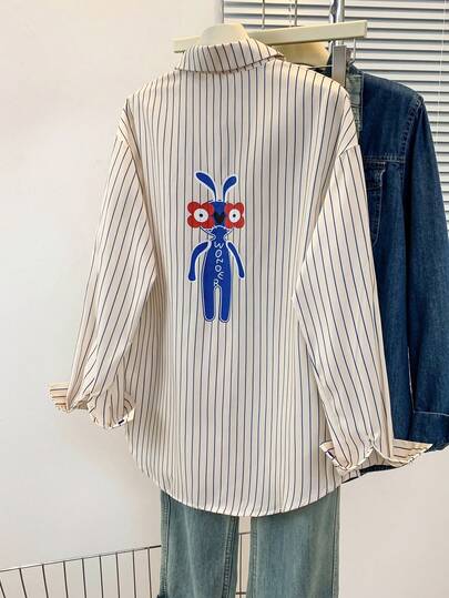 YUXIN 女士春秋季趣味卡通兔子印花蓝色条纹衬衫，宽松休闲办公百搭修身长袖上衣