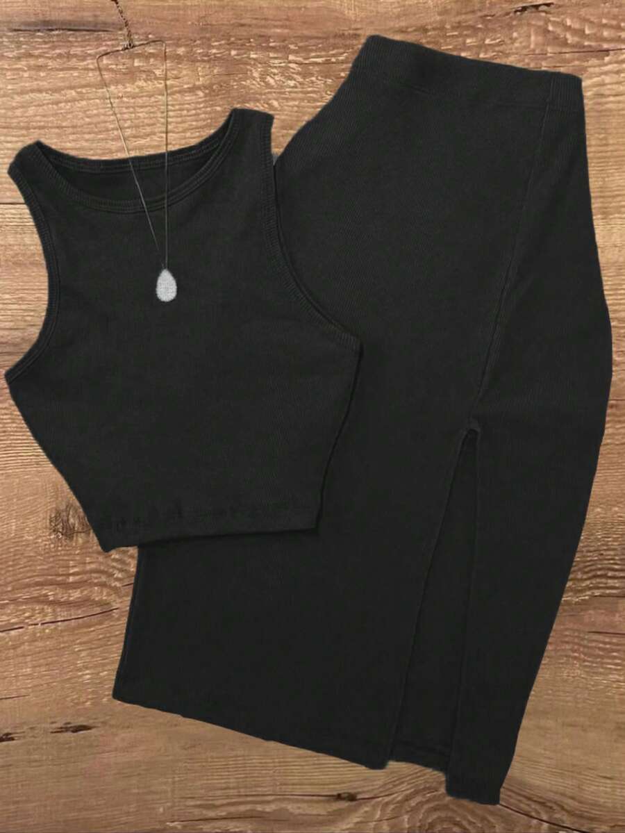 女士纯色优雅休闲分体套装，包括背心和半裙，适合春夏晚宴、办公室、花园等场合，黑色。 - 黑色 - 查看 1