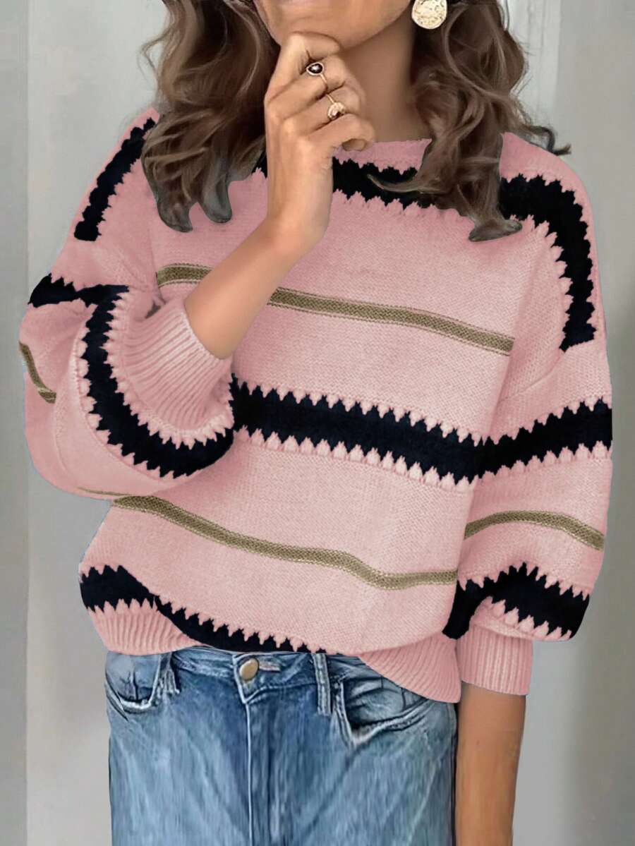 女士休闲条纹落肩宽松套头毛衣