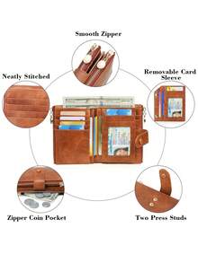 MIYIN Cartera vintage con cierre de botón, estilo casual de negocios con múltiples ranuras para tarjetas, monedero portátil de diseño plegable triple, cartera con cremallera de estilo retro, cartera de mujer con cierre de botón elegante para salidas diarias y compras, cartera, monedero pequeño, cartera con estampado de leopardo - Marrón - Ver 10