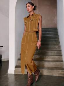 Sollinarry 女士秋季新款无袖上衣和长裙休闲两件套，适合度假、音乐节、时尚通勤等夏季穿着。 - 棕色 - 查看 2