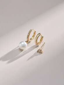 Bộ 3 bông tai nữ sang trọng tối giản thanh lịch, đính đá Cubic Zirconia khảm đồng và ngọc trai giả - Vàng - Xem 2