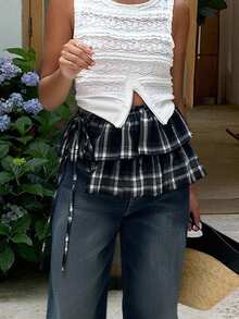 Livesso 女士格子层叠系带超短迷你裙 秋季半身裙 - 黑色 - 查看 2