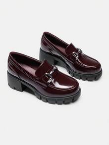 Women's Platform Loafers 2.17 Inch Chunky Heel Round Toe Slip-On Loafers, Casual Vintage Elegant Pumps Shoes - 酒紅色 - 查看 4