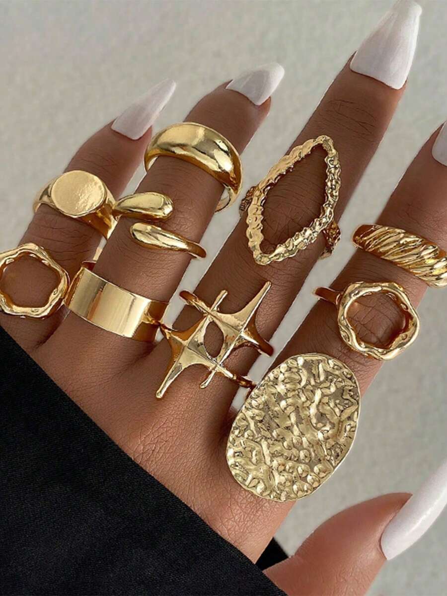 10pcs Set Metallic Lava Line Exaggerated Asymmetrical Geometric Joint Rings, Suitable For Party, Vacation, Gift Giving, And Daily Wear - Gold - View 1