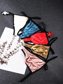 5 PCS Men's Contrast Binding Satin Thong, Low Rise T-Back Underwear, Soft Comfortable Briefs, Summer - 彩色 - 查看 3