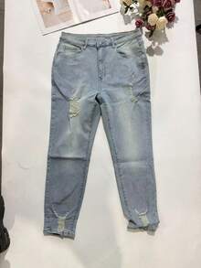 Plus Size Washed Denim Ripped Skinny Jeans With Medium Stretch For Curvy Figures - Blue - View 6