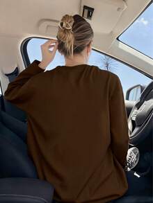 Women's 100% Cotton Solid Color Long Sleeve Casual Crew Neck T-Shirt, Winter - Coffee Brown - View 5