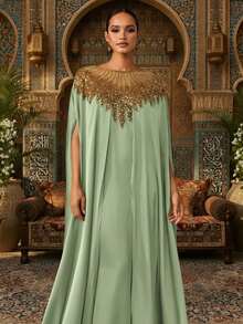 奢华绿色卡夫坦长袍，饰以金色亮片，缎面面料，派对阿巴雅长袍，卡夫坦长袍，阿巴雅长袍（宽松版型 - 请查看尺码表） - 薄荷綠 - 查看 5