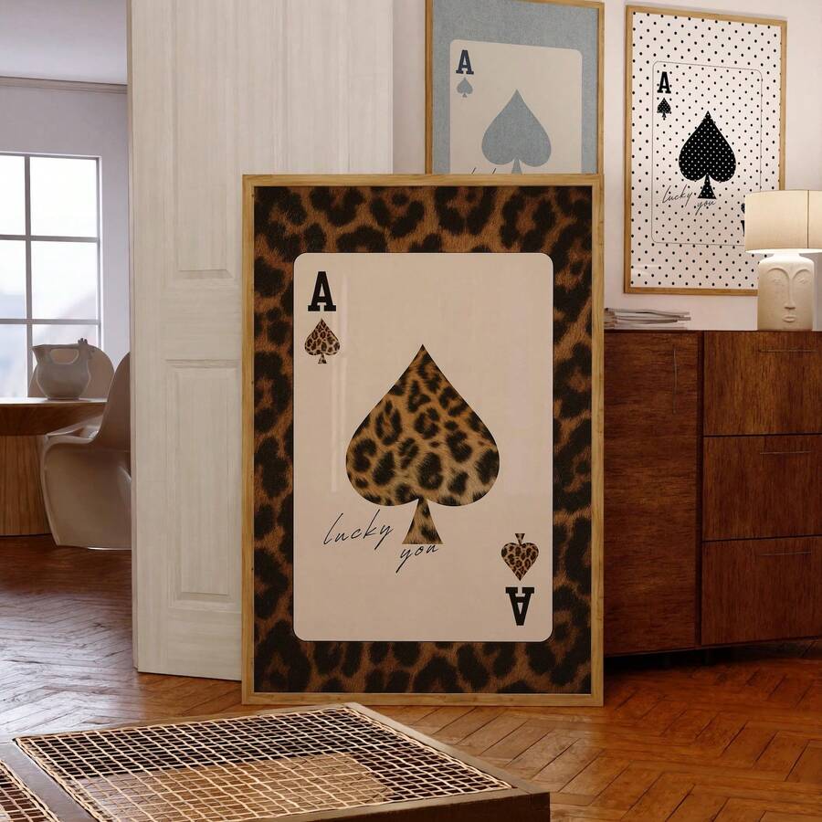 1幅无框黑桃A豹纹印花画，幸运女神魅力墙饰，复古赌场动物图案装饰画，适用于卧室、客厅、宿舍 | 房间装饰画，复古装饰，宿舍必备 - 彩色 - 查看 1