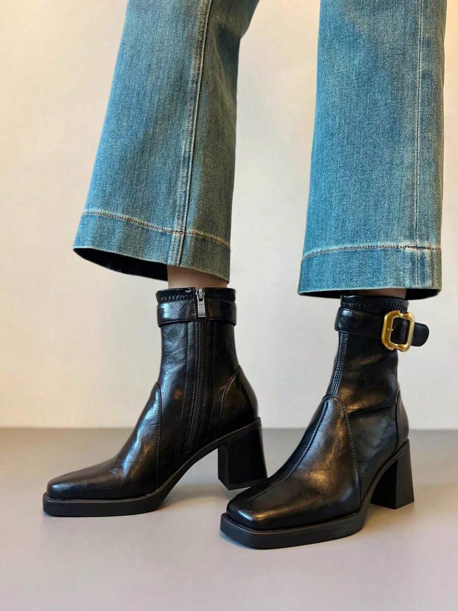 女士性感高跟过膝长靴，搭扣方头修身骑马靴，秋冬款 - 黑色 - 查看 1