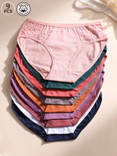 9件套女士性感蕾丝拼接纯色棉质柔软透气无痕低腰内裤套装，适合日常穿着、运动、瑜伽和贴身穿着。